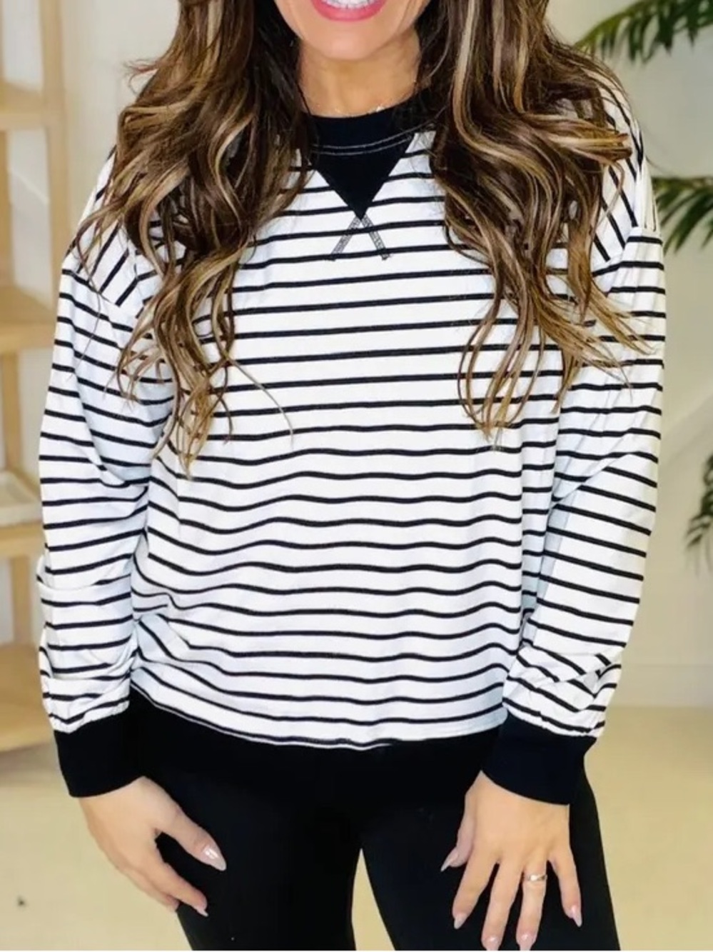 NWT🖤Zenana Striped Cotton Blend Pullover Black/white